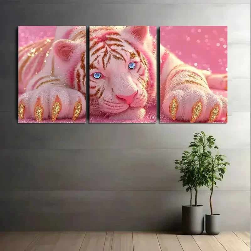 3pcs Cute White Tiger in Pink Background Metal Print Ready to Hang Art