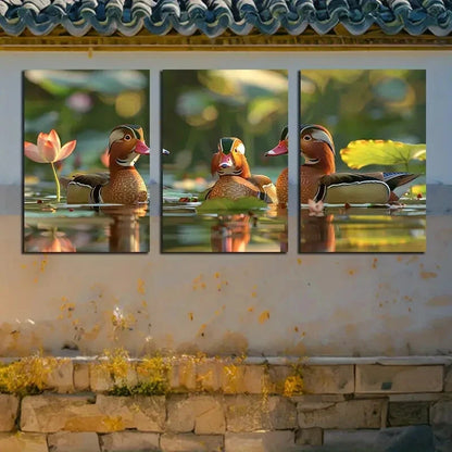 3pcs Mandarin Ducks Glide on The Water Surface Metal Print Ready to Hang Art