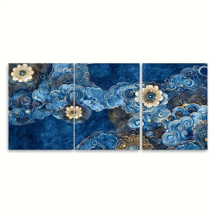 3pcs Chinese Batik Fabric Indigo Cloud Art Print Metal Print Ready to Hang Art