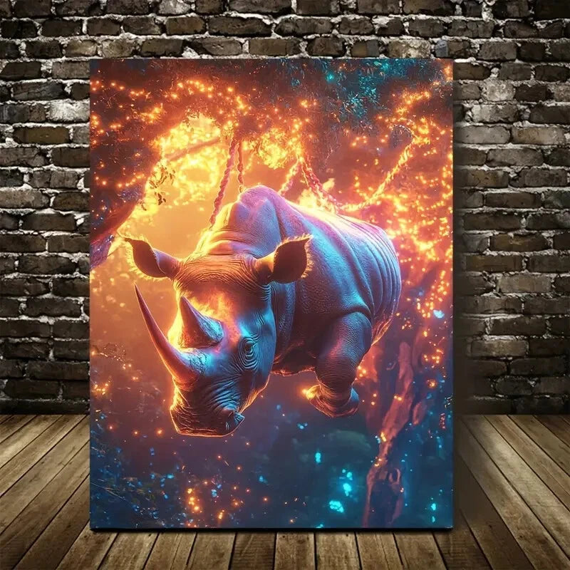 Surreal Rhino Swing Neon Glow Painting 40x60cm Metal Print Ready to Hang