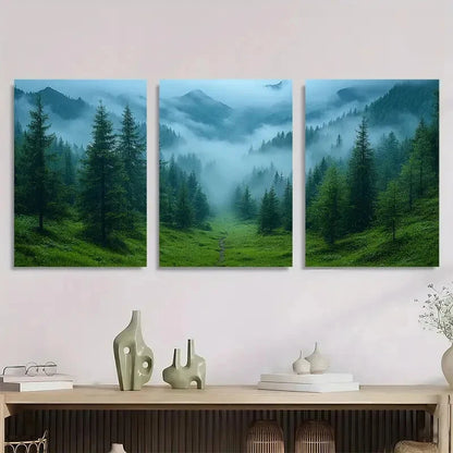 3pcs Tranquil Heights Misty Forest and Foggy Metal Print Ready to Hang Art