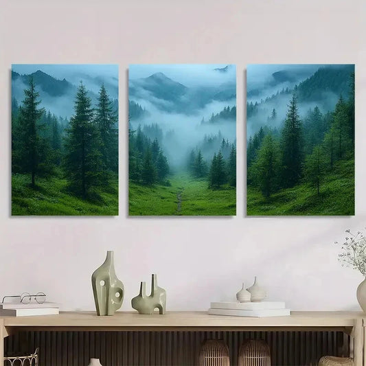 3pcs Tranquil Heights Misty Forest and Foggy Metal Print Ready to Hang Art