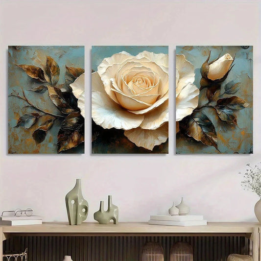 3pcs Elegant White Rose Modern French Style Metal Print Ready to Hang Art