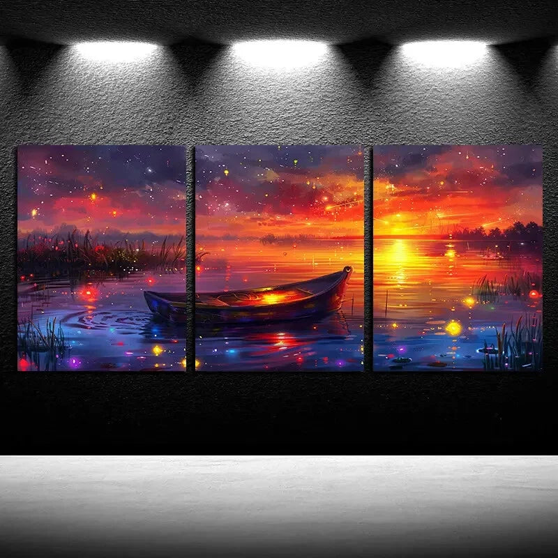3pcs Small boat in the lake with Sunset view Metal Print Ready to Hang Art