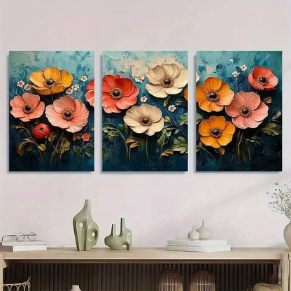 3pcs Colorful Poppy & Daisy Design Metal Print Ready to Hang Art