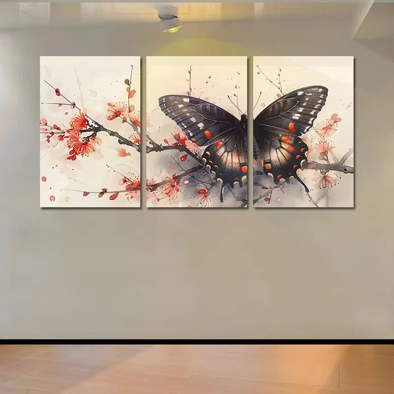 3pcs Butterfly with Red Florals Branch Wall Art Set Canvas Framed 60x90cm - High Quality Print 100% Australian Made Wall Canvas Ready to Hang