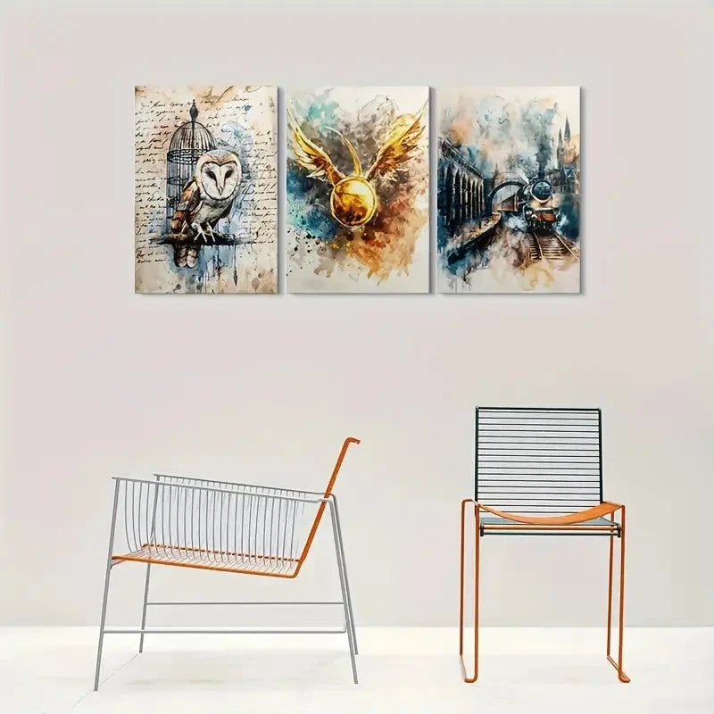 3pcs Owl Bird Themed Golden Blue Metal Print Ready to Hang Art