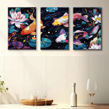 3pcs Colorful koi in the Water Illustration Wall Art Set Canvas Framed 50x70cm - High Quality Print 100% Australian Made Wall Canvas Ready to Hang