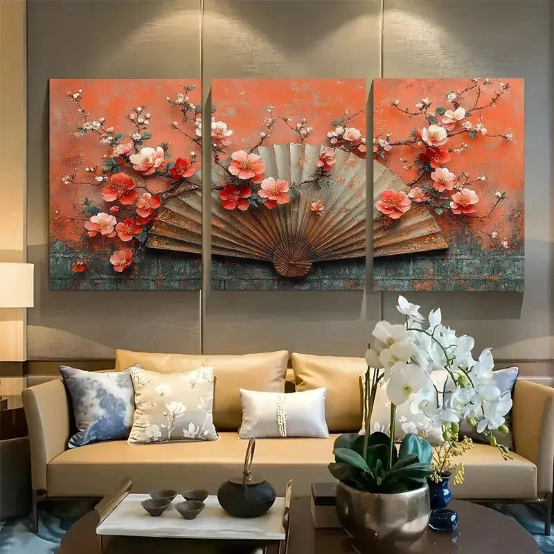 3pcs Pink Floral Fan Chinoiserie Design Metal Print Ready to Hang Art