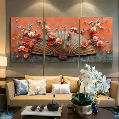 3pcs Pink Floral Fan Chinoiserie Design Metal Print Ready to Hang Art