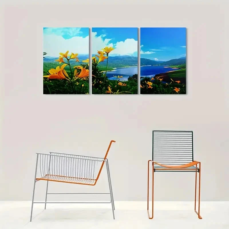 3pcs Scenic Yellow Flowers and Blue Sky Metal Print Ready to Hang Art