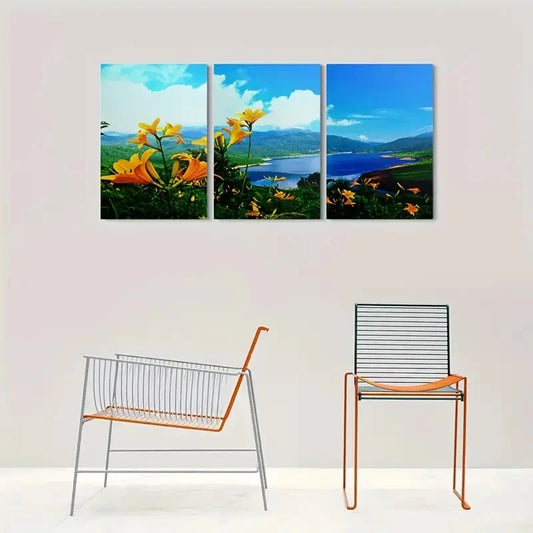 3pcs Scenic Yellow Flowers and Blue Sky Metal Print Ready to Hang Art