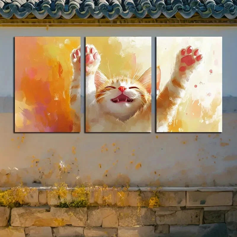 3pcs Vibrant Cat with outstretched hand Metal Print Ready to Hang Art