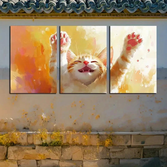 3pcs Vibrant Cat with outstretched hand Metal Print Ready to Hang Art