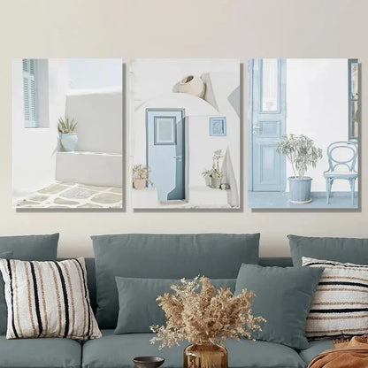 3pcs Santorini Island Blue Doors &amp; Porches Metal Print Ready to Hang Art
