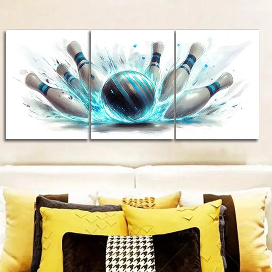 3pcs Dynamic Blue & White Bowling Design Metal Print Ready to Hang Art