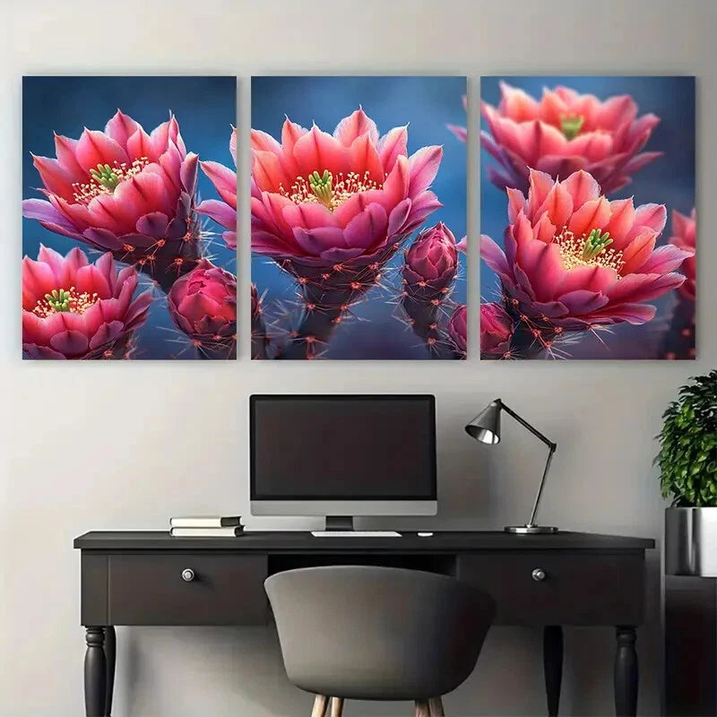 3pcs Vibrant Pink Blooming Flowering Cactus Floral Metal Print Ready to Hang Art