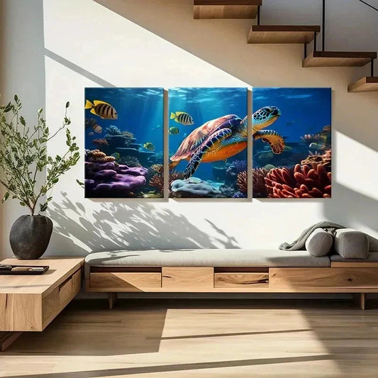 3pcs Marine Life Art Sea Turtle Fish Wall Art Set Canvas Framed 50x70cm - High Quality Print 100% Australian Made Wall Canvas Ready to Hang