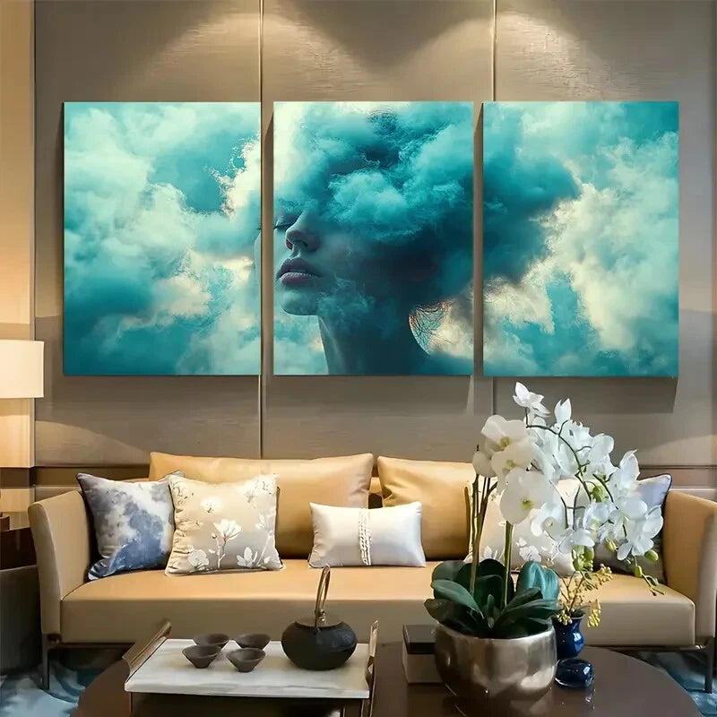 3pcs Feminine Head in the Clouds Metal Print Ready to Hang Art