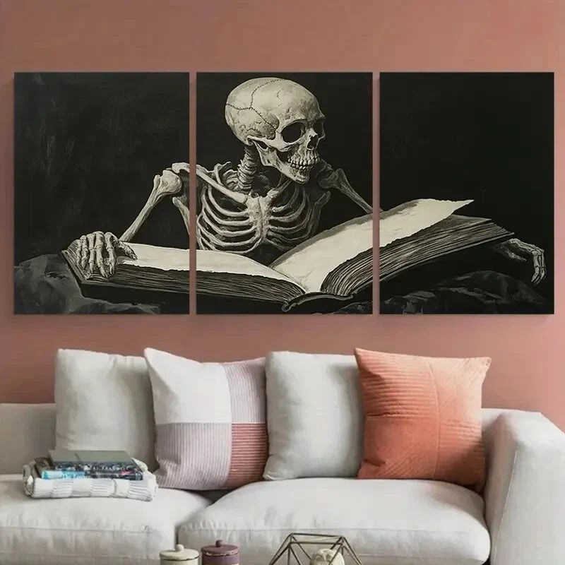 3pcs Reading Skeleton Halloween Vintage Design Metal Print Ready to Hang Art