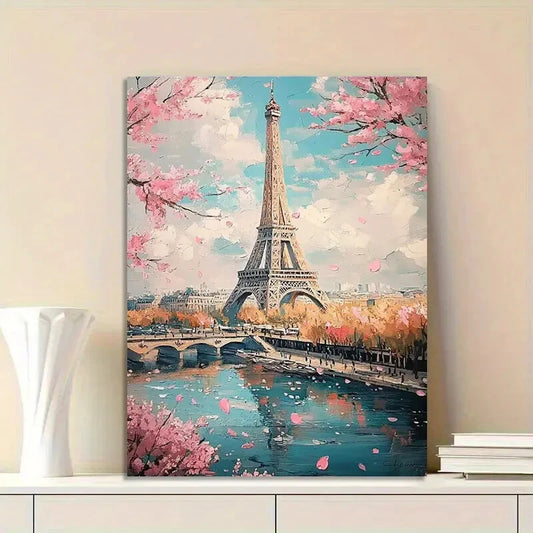 Painting of The Eiffel Tower in Paris Blooming Cherry 40x60cm Metal Print Ready to Hang