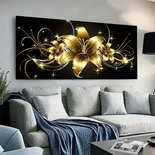 Black & Golden Floral Lil wall canvas office home room framed 120x60cm