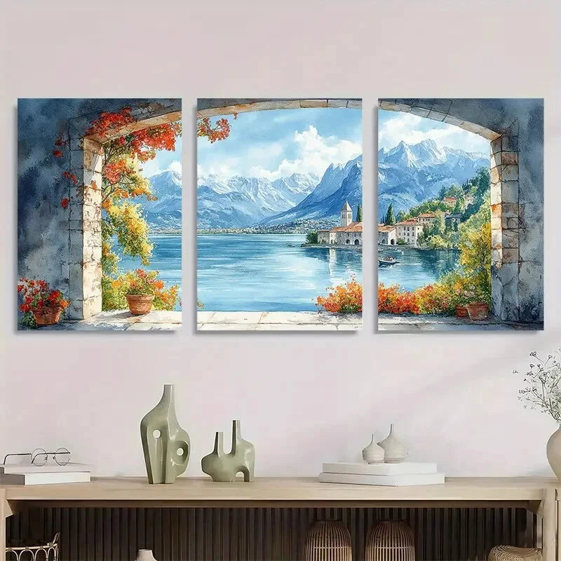 3pcs Lake Annecy Watercolor Mountains Metal Print Ready to Hang Art