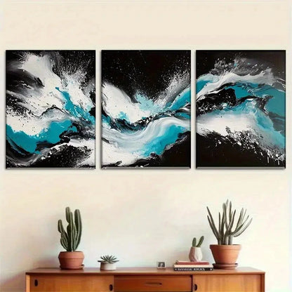 3pcs Vibrant Abstract Black White & Turquoise Metal Print Ready to Hang Art