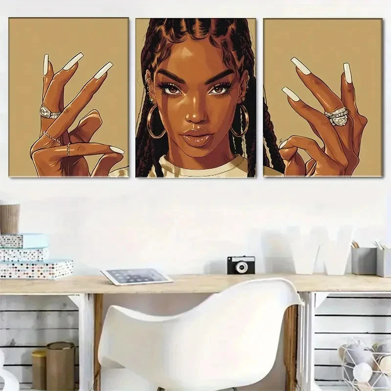 3pcs African American Girl with Long Nails Metal Print Ready to Hang Art