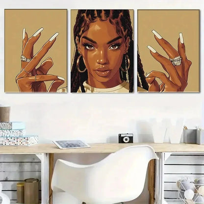 3pcs African American Girl with Long Nails Metal Print Ready to Hang Art