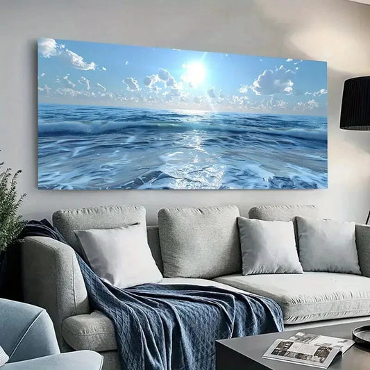 Serene Beach Blue Ocean Wall Art wall canvas office home room framed 120x60cm