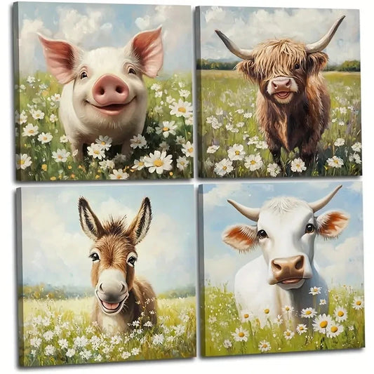 4pcs Pig,Cattle, Donkey & Cow with Floral Fields Wall Art Canvas Framed