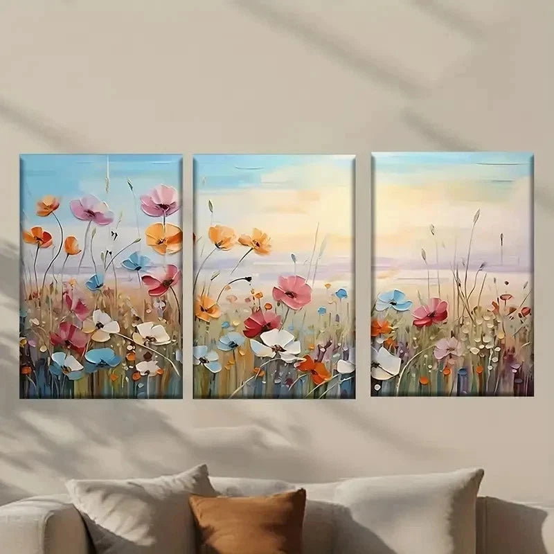3pcs Painting of Flowers in a Field Wall Art Set Canvas Framed 40x60cm - High Quality Print 100% Australian Made Wall Canvas Ready to Hang