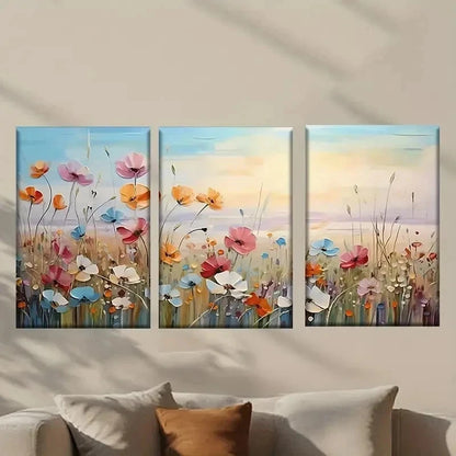 3pcs Painting of Flowers in a Field Wall Art Set Canvas Framed 40x60cm - High Quality Print 100% Australian Made Wall Canvas Ready to Hang