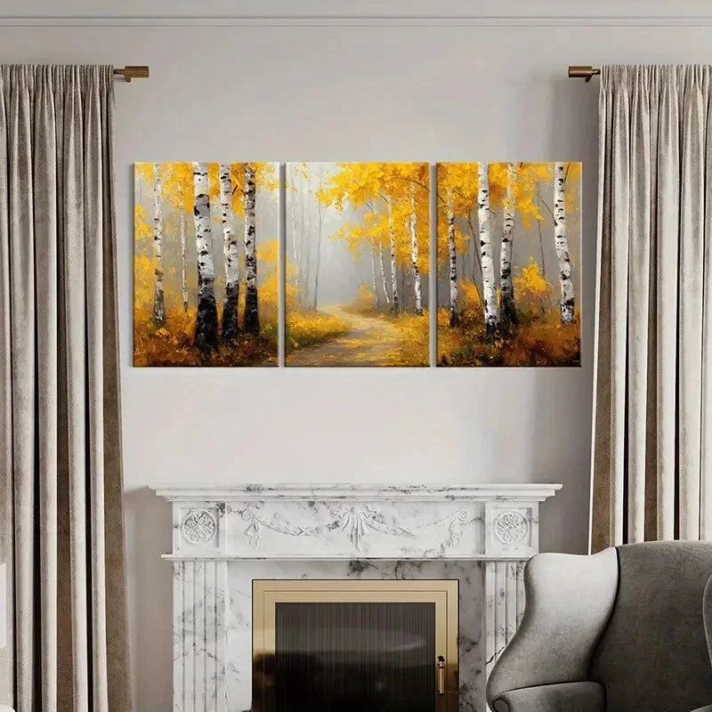 3pcs Autumn Birch Forest Pathway Warm Yellow Metal Print Ready to Hang Art