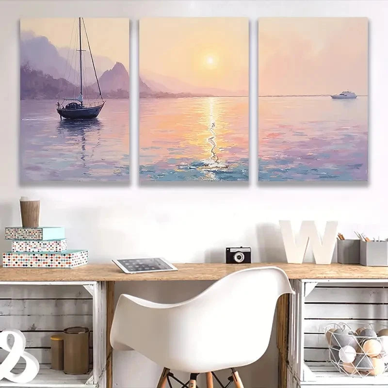 3pcs Painting Sailboat at Sunset, Serene G Wall Art Set Canvas Framed 40x60cm - High Quality Print 100% Australian Made Wall Canvas Ready to Hang