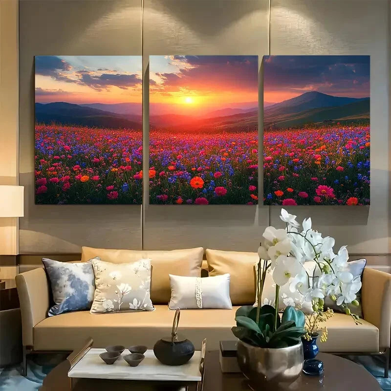 3pcs Wildflower Fields And Rolling Hills Sunset Metal Print Ready to Hang Art