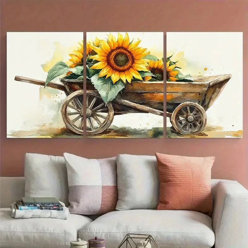 3pcs Sunflower in Vintage Wooden Wheelbarrow Metal Print Ready to Hang Art