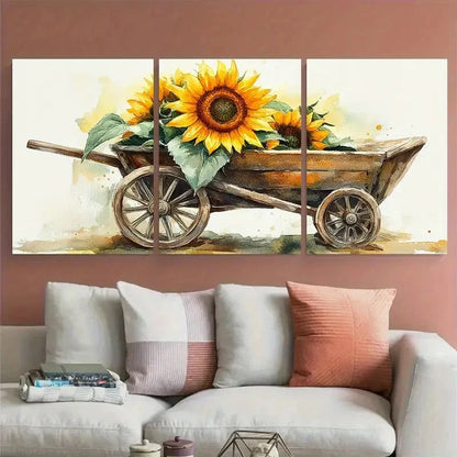 3pcs Sunflower in Vintage Wooden Wheelbarrow Metal Print Ready to Hang Art