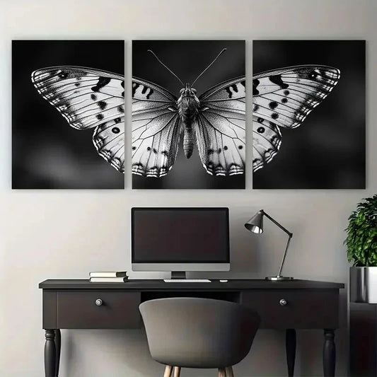 3pcs Elegant Monochrome Butterfly Nature Inspired Metal Print Ready to Hang Art