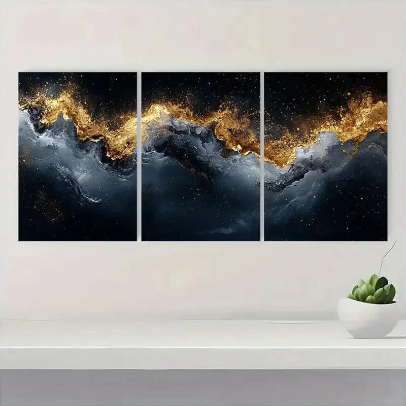 3pcs Abstract Golden Wave Black and White Texture Metal Print Ready to Hang Art
