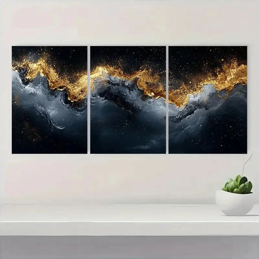 3pcs Abstract Golden Wave Black and White Texture Metal Print Ready to Hang Art