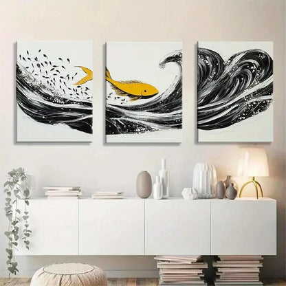 3pcs Modern Abstract Golden Fish Ocean Wave Metal Print Ready to Hang Art