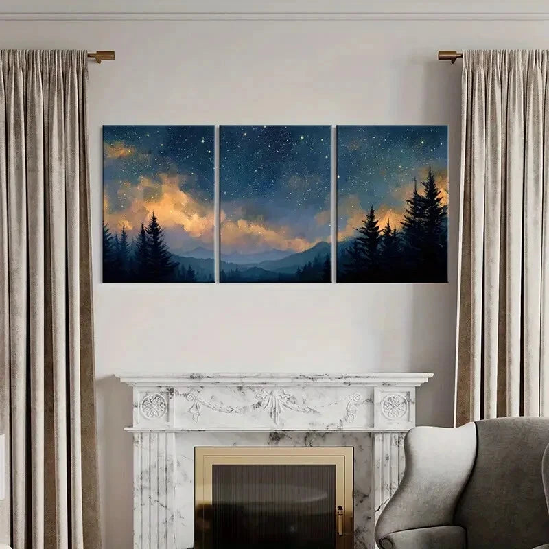 3pcs Night Sky & Forest Serene Dreamy Landscape Metal Print Ready to Hang Art