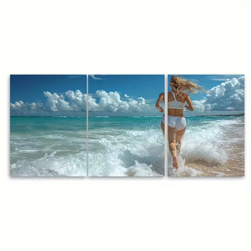3pcs Young Woman Running on Sandy Beach Metal Print Ready to Hang Art