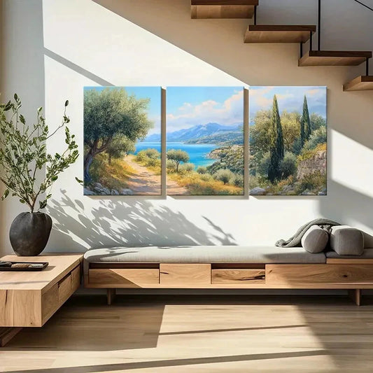 3pcs Mediterranean Coastal Scenery Olive Trees Metal Print Ready to Hang Art