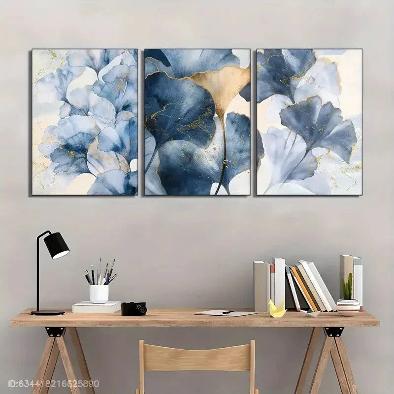 3pcs Modern Abstract Art Wall Decor Blue Leaf Metal Print Ready to Hang Art