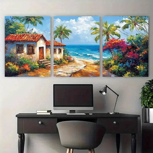 3pcs Mexico House Karibbean Landscape Metal Print Ready to Hang Art