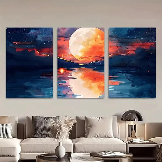 3pcs Vibrant Modern Red Full Moon Rising Metal Print Ready to Hang Art