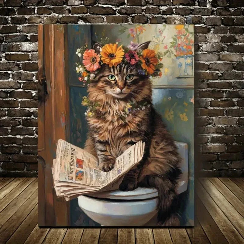 Contemporary Floral Crown Kitty Reading Newspaper 40x60cm Metal Print Ready to Hang